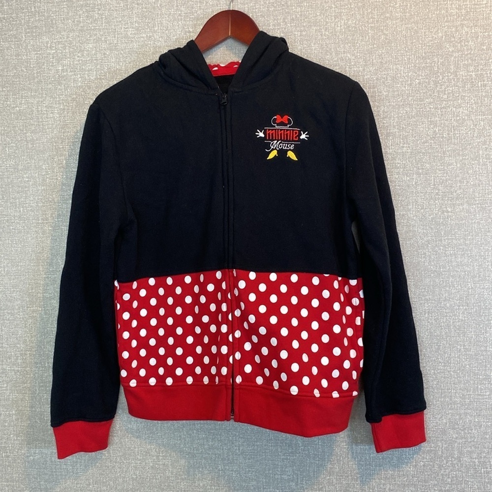 Disney Parks Girl’s Minnie Mouse Black w Red and White polka dots Hooded Jacket